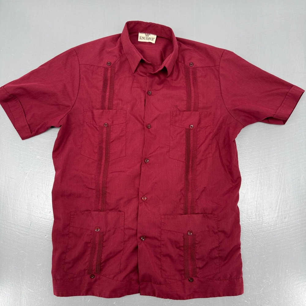 King Ranch Mens Burgundy Short Sleeve Guayabera Cuban Shirt Pintuck Pleats